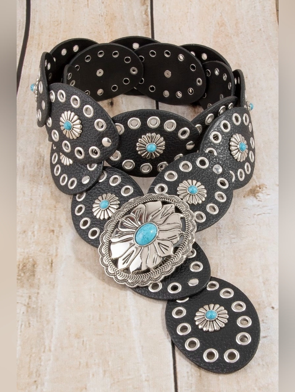Western Turquoise Concho Disc Leather Belt - Picture 7 of 7